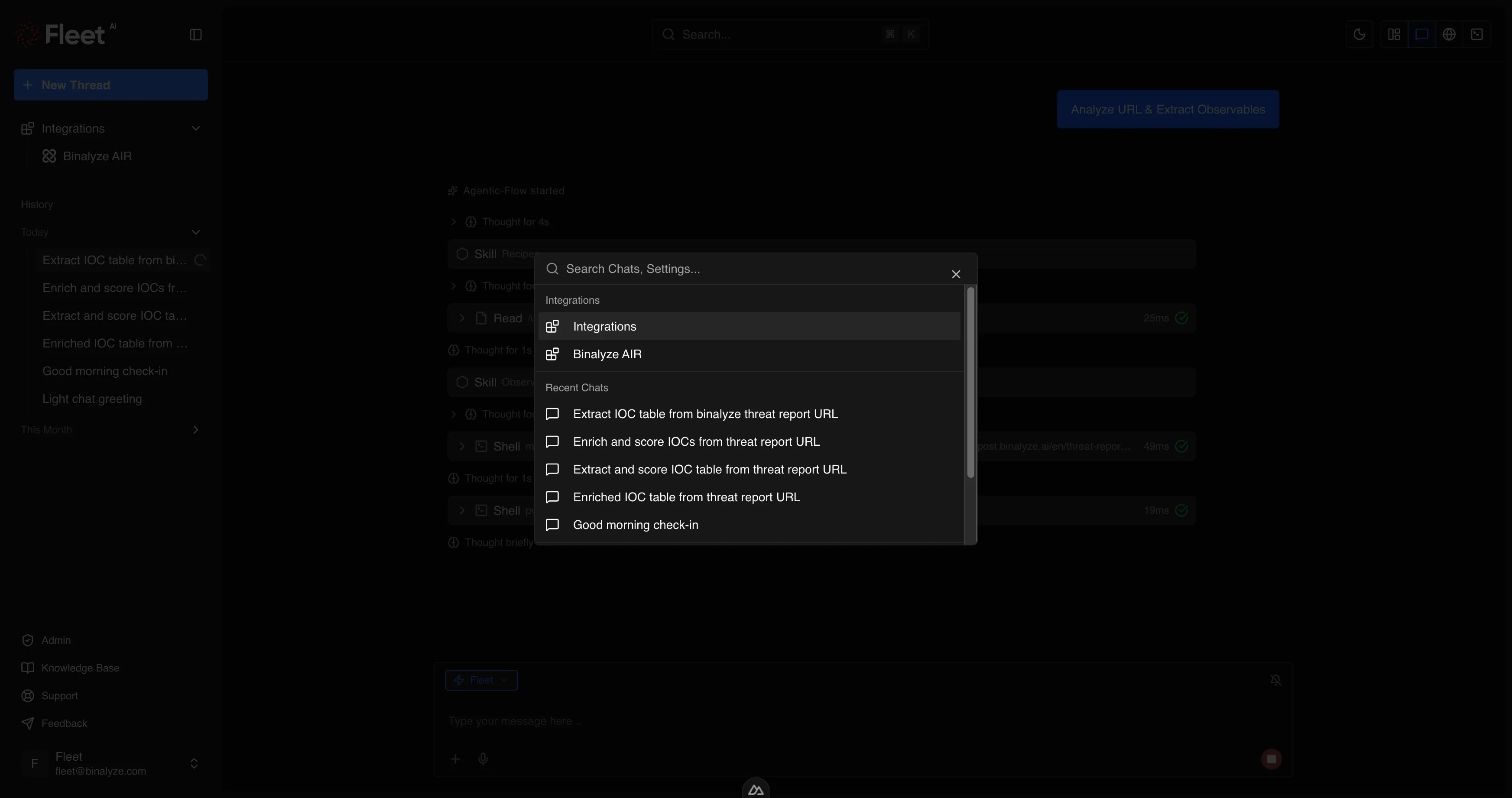 Global search command palette showing integrations, recent chats, and settings