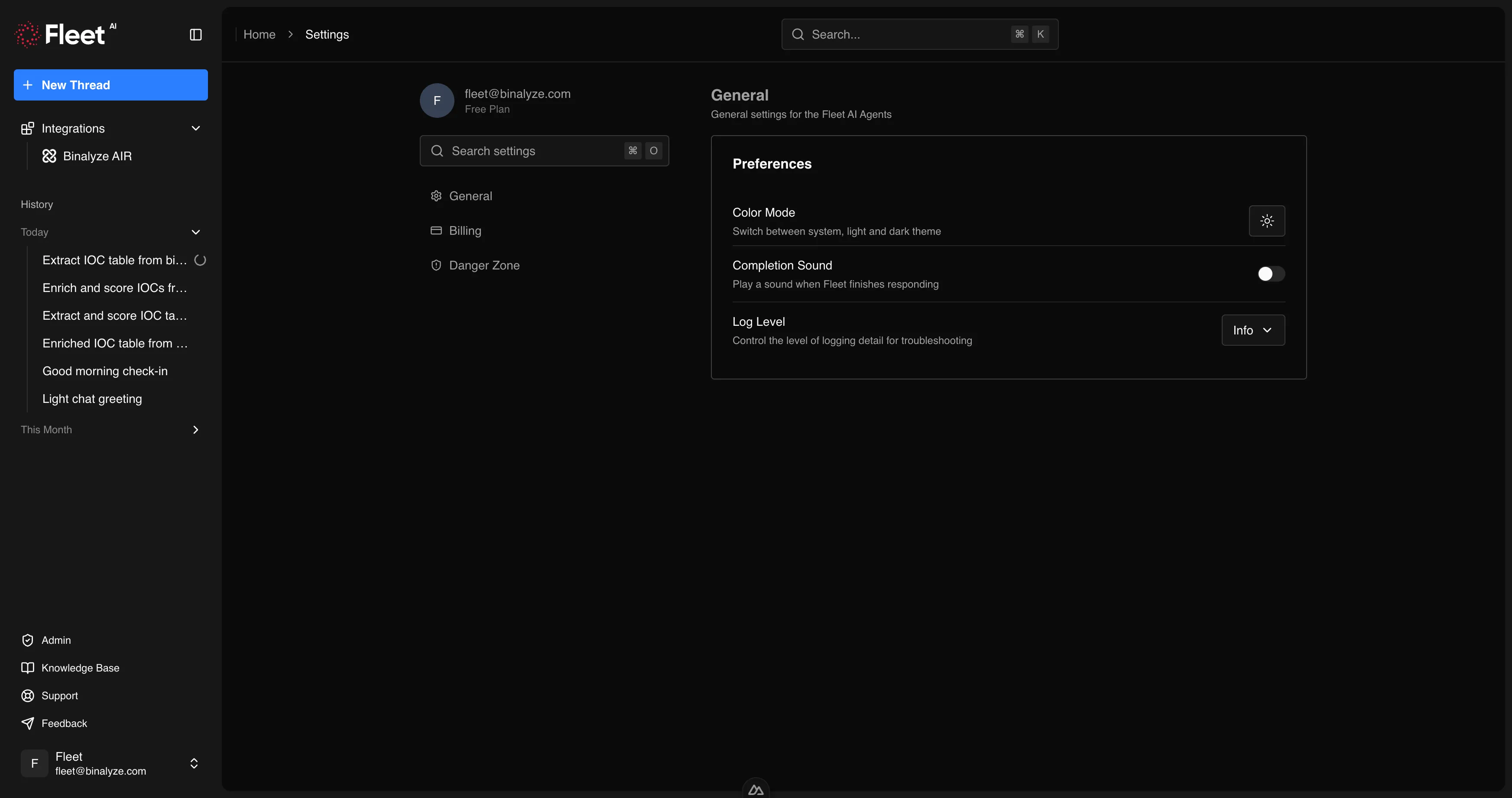 Settings page with General, Billing, and Danger Zone sections