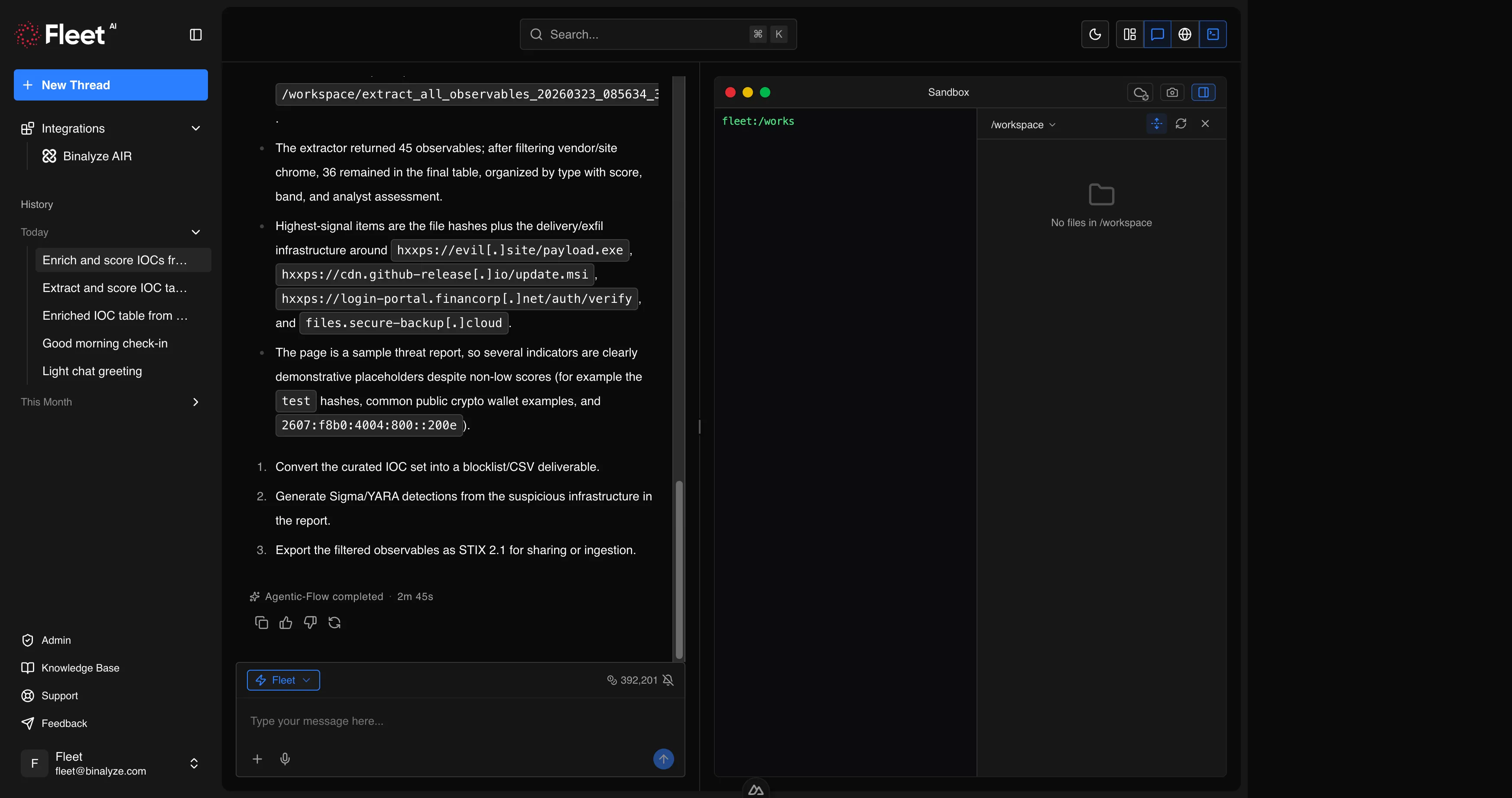 Sidebar with integrations, chat history, navigation links, and user menu open