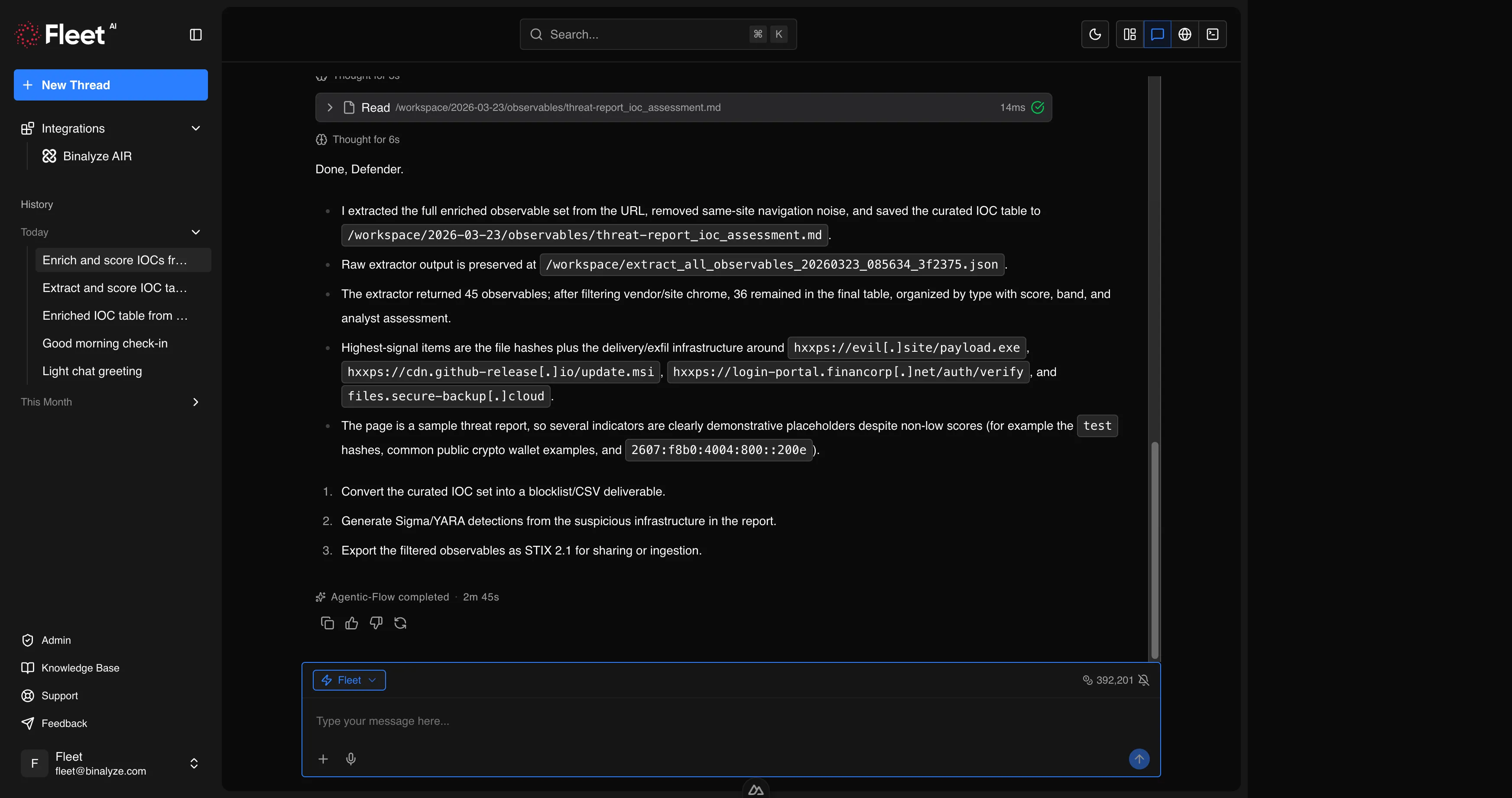 Fleet completing an IOC extraction and enrichment workflow