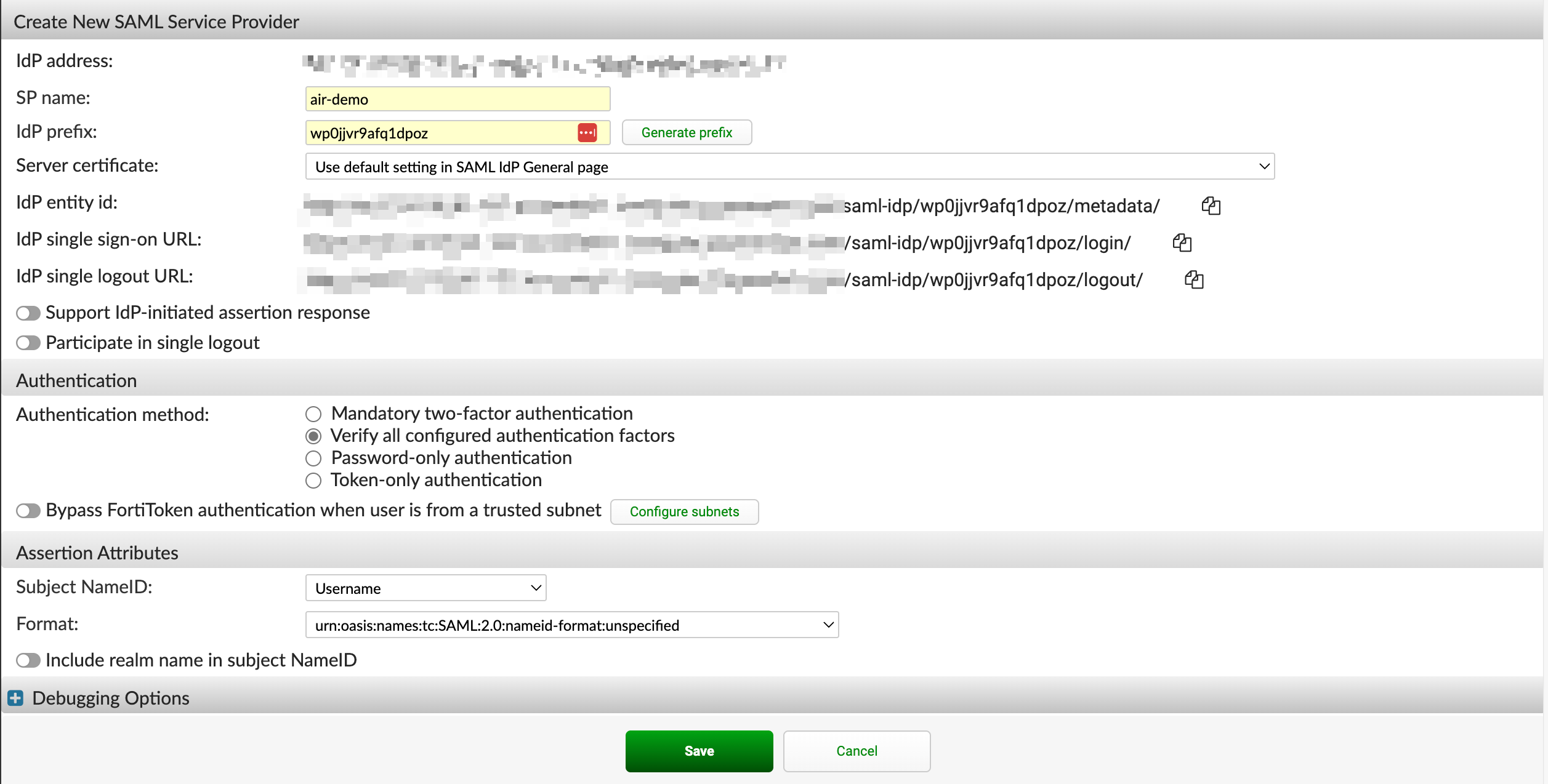 Create New SAML Service Provider